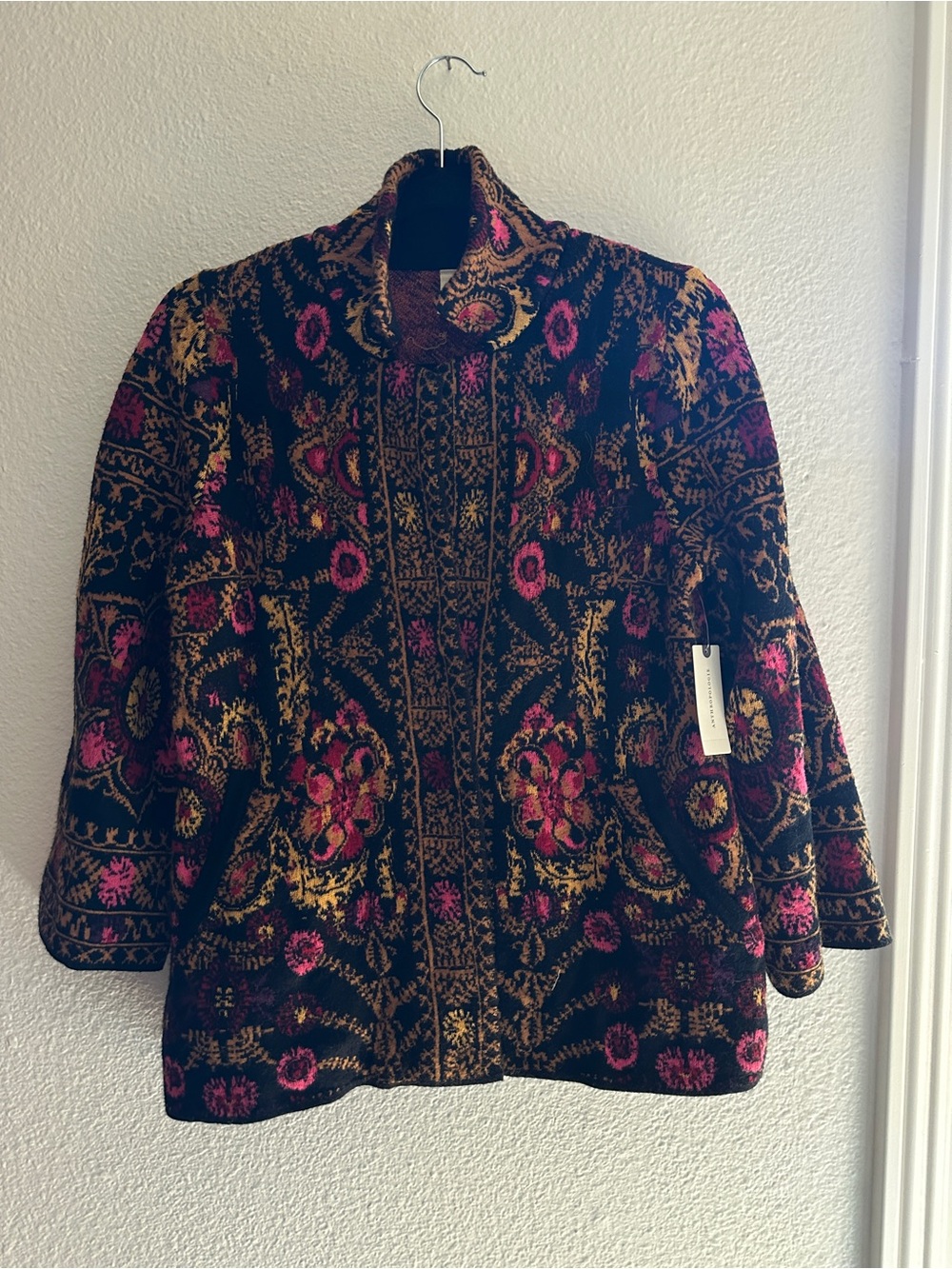 NWT Moth Anthropologie Black Jacket with Pink & Gold Floral Jacquard